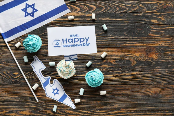 Heerlijke Cupcakes Vlag Van Israël Kaart Met Tekst Happy Independence — Stockfoto