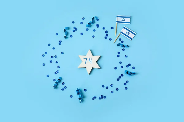 Estrella David Con Número Banderas Israel Lentejuelas Sobre Fondo Color —  Fotos de Stock
