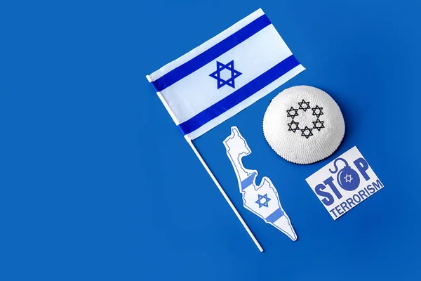 Bandera Israel Kippa Tarjeta Con Texto Detener Terrorismo Sobre Fondo — Foto de Stock