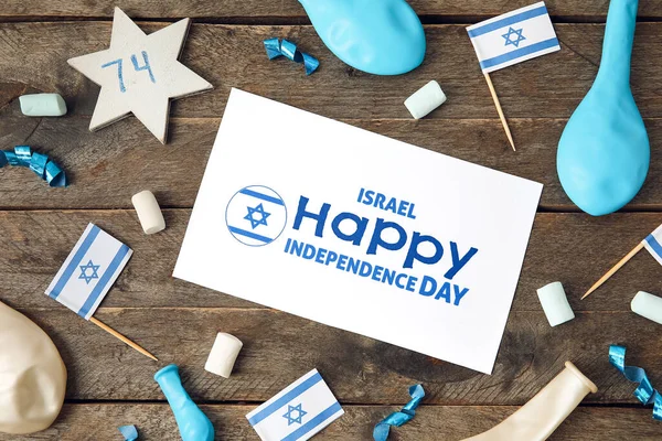 Kaart Met Tekst Israel Happy Independence Day Vlaggen Ster Van — Stockfoto