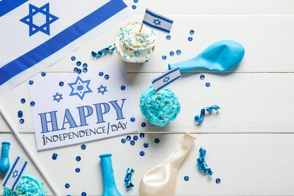 Karte Mit Text Happy Independence Day Flagge Israels Cupcakes Und — Stockfoto