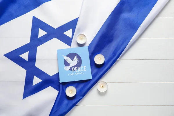 Tarjeta Con Texto Paz Para Israel Velas Encendidas Bandera Israel — Foto de Stock