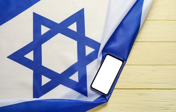 Flag Israel Mobile Phone Color Wooden Background — Stock Photo, Image