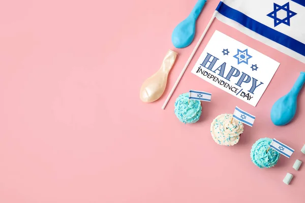 Kártya Szöveges Happy Israel Day Nemzeti Zászló Izrael Sütemények Színes — Stock Fotó