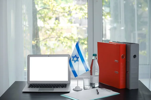 Modern Laptop Flag Israel Folders Bottle Water Table — Stock Photo, Image
