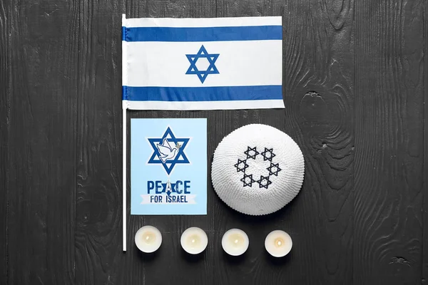 Bandera Israel Kippa Velas Encendidas Tarjeta Con Texto Paz Para — Foto de Stock