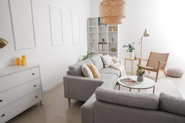 Interior Light Living Room Grey Sofas Table Shelving Unit — Stock Photo, Image