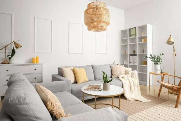 Interior Light Living Room Grey Sofas Table Shelving Unit — Stock Photo, Image