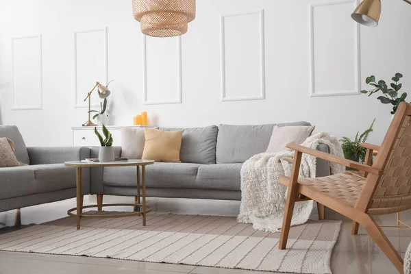 Interior Light Living Room Grey Sofas Table — Stock Photo, Image