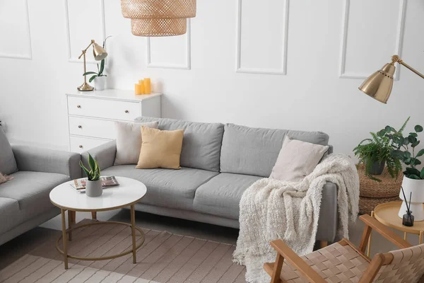 Interior Light Living Room Grey Sofas Table — Stock Photo, Image