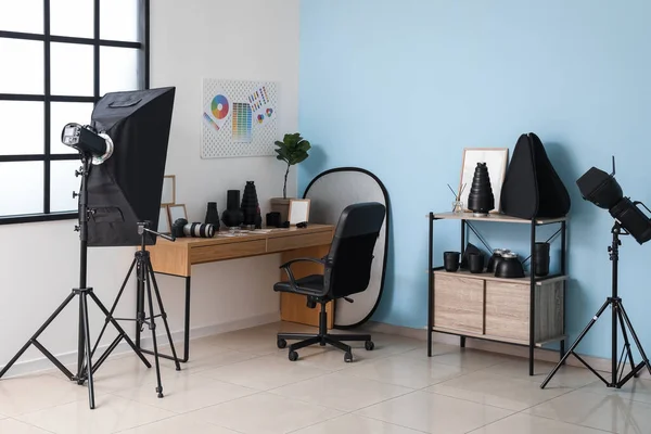 Interior Modern Office Photographer Workplace Shelving Unit Equipment — Stock Photo, Image