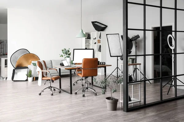 Interior Modern Office Photographer Workplace Professional Equipment — Stock Photo, Image
