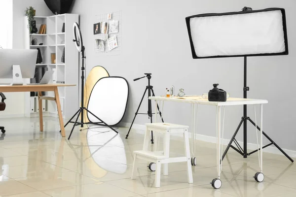 Interior Modern Studio Photographer Workplace Equipment — Stock Photo, Image