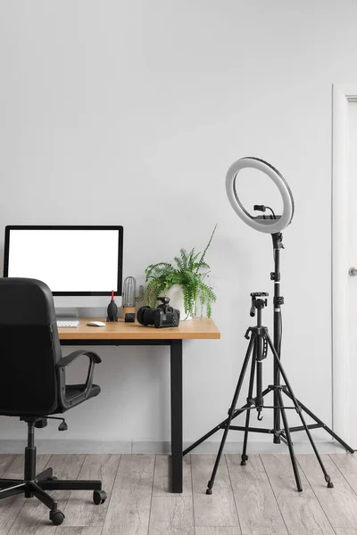 Interior Modern Office Photographer Workplace Equipment — Stock Photo, Image