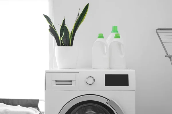 Máquina Lavar Roupa Com Planta Sala Garrafas Detergente Lavanderia Leve — Fotografia de Stock