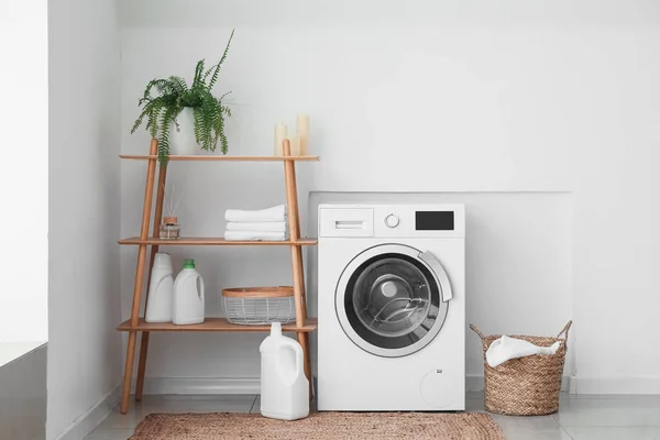 Interior Light Laundry Room Washing Machine Basket Shelving Unit — Stock Photo, Image