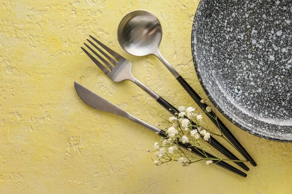 Table Setting Plate Cutlery Yellow Background — Fotografia de Stock