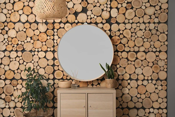 Basket Reed Diffuser Houseplant Chest Drawers Mirror Wooden Wall — Stock Photo, Image