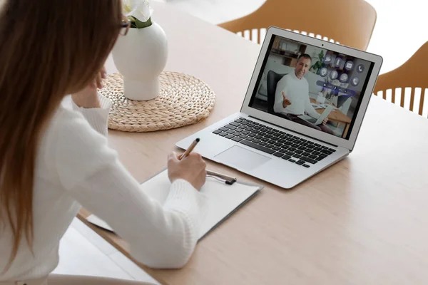 Female Psychologist Video Chatting Patient Table Kitchen Closeup — Stock Photo, Image