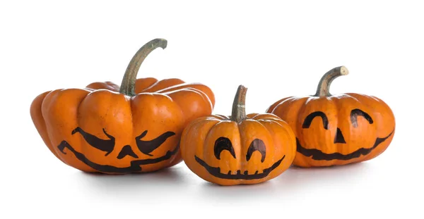 Calabazas Halloween Con Cara Dibujada Sobre Fondo Blanco —  Fotos de Stock