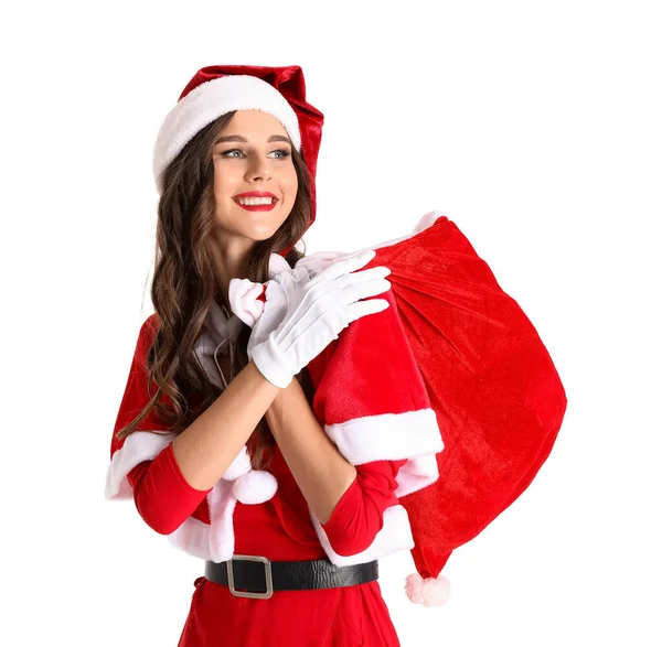 Hermosa Mujer Traje Santa Con Bolsa Regalos Sobre Fondo Blanco — Foto de Stock