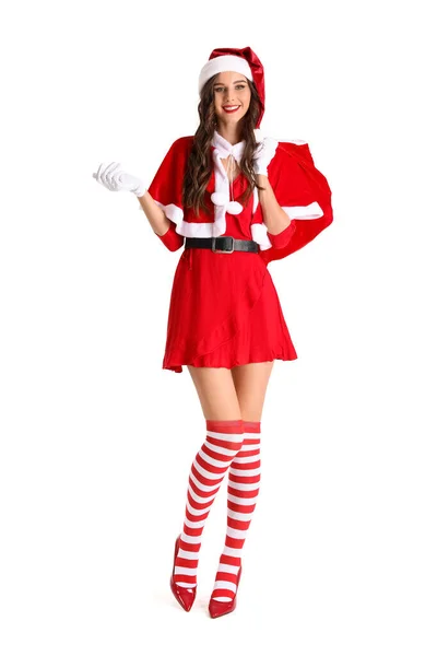 Bella Donna Costume Babbo Natale Con Borsa Regali Sfondo Bianco — Foto Stock