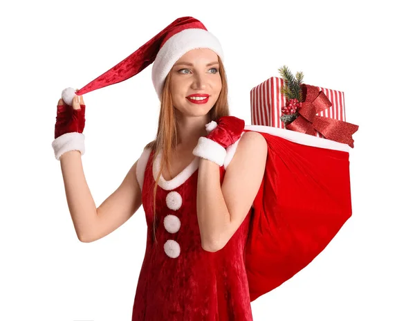 Bella Giovane Donna Costume Babbo Natale Con Borsa Regali Sfondo — Foto Stock