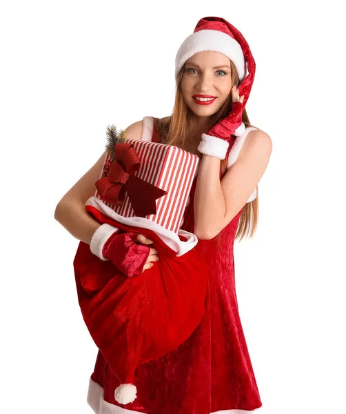 Beautiful Young Woman Santa Costume Bag Gifts White Background — Stock Photo, Image