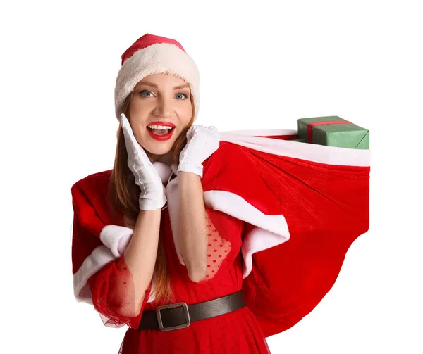 Surpreendido Jovem Mulher Santa Traje Com Saco Presentes Fundo Branco — Fotografia de Stock