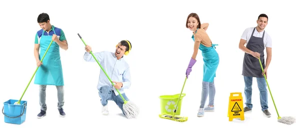 Collage Young People Mops White Background — Stock Photo, Image