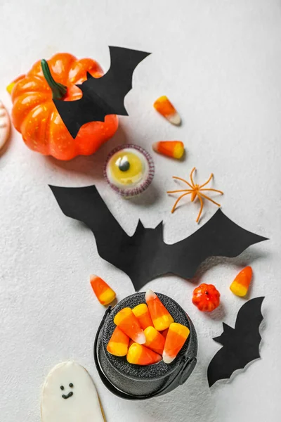 Different Halloween Decor Paper Bats Light Background — Stock Photo, Image
