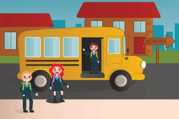 Autobús Escolar Amarillo Con Escolares Calle Ciudad — Vector de stock