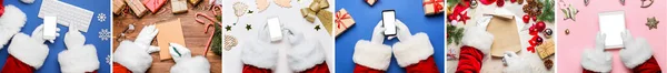 Koláž Santa Claus Ruce Moderními Zařízeními Dopis Notebook Vánoční Výzdoba — Stock fotografie