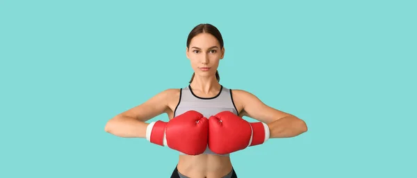 Sporty Woman Boxing Gloves Blue Background — Stock Photo, Image