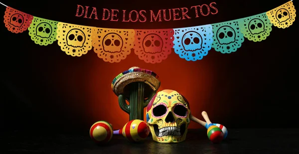 暗い背景に人間の頭蓋骨 マラカス サボテンやソムブレロを描いた メキシコの死者の日 Dia Muertos — ストック写真