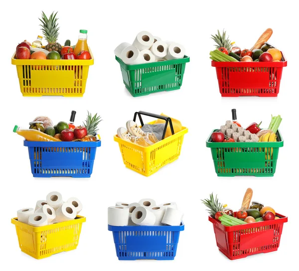 Set Shopping Baskets Food Toilet Paper White Background — Stock Photo, Image