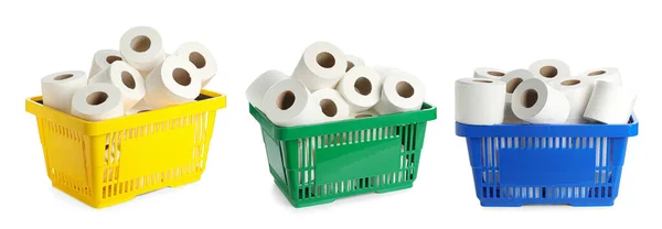 Set Shopping Baskets Toilet Paper White Background — Stock Photo, Image