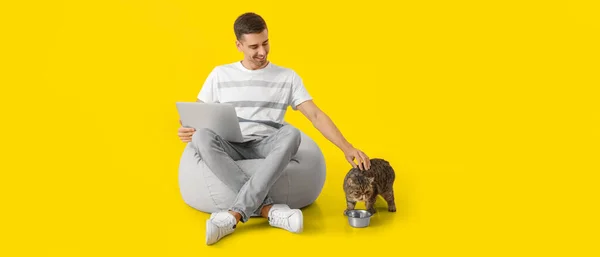 Young Man Cute Cat Using Laptop Yellow Background — Stock Photo, Image