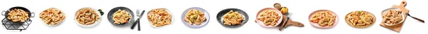 Collage Tasty Cajun Chicken Pasta White Background — Stock Photo, Image