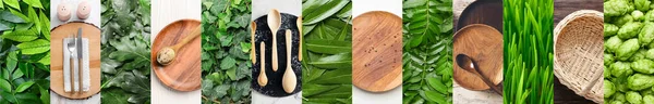 Sada Eko Dřevěných Kuchyňských Potřeb Proutěným Košem Zelenými Rostlinami — Stock fotografie