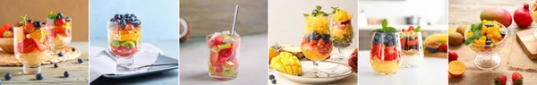 Collage Aus Saftigen Obstsalaten Auf Dem Tisch — Stockfoto