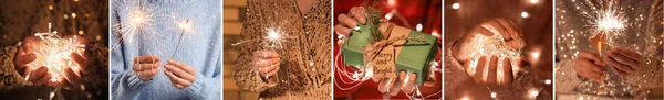 Collage Van Vrouwelijke Handen Met Kerst Sterretjes Bloemenslingers Cadeau Close — Stockfoto