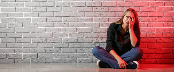 Woman Having Panic Attack While Sitting Brick Wall Banner Design — Stock Photo, Image