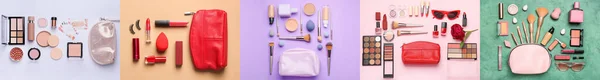 Set Makeup Bags Decorative Cosmetics Accessories Color Background — Stock Photo, Image