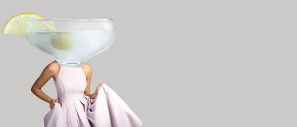 Woman Glass Martini Instead Her Head Light Background Space Text — Stock Photo, Image