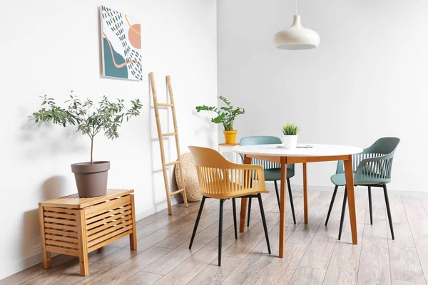 Elegante Interior Comedor Con Muebles Modernos Plantas Interior Cerca Pared — Foto de Stock