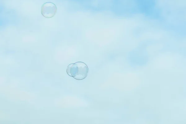 Beautiful Soap Bubbles Blue Sky Background — Stock Photo, Image