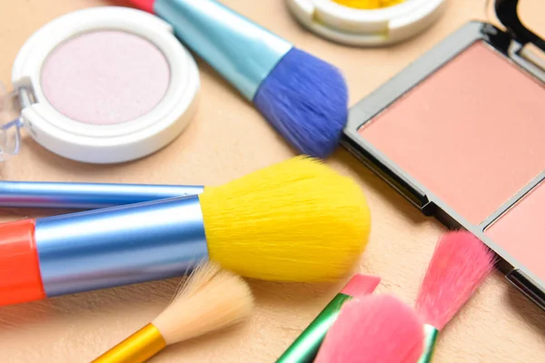 Set Different Makeup Brushes Blush Eyeshadows Color Background Closeup — Stock Photo, Image