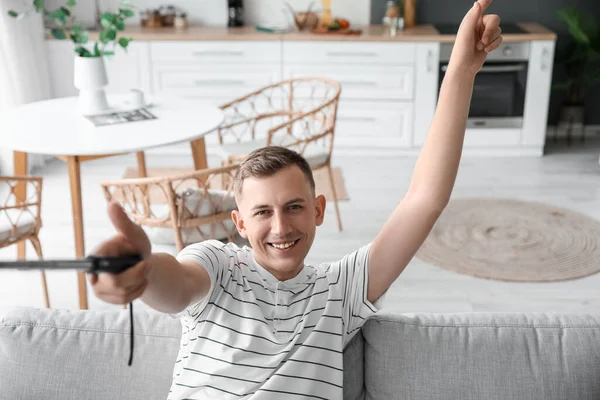 Young Man Taking Selfie Sofa Home — Stock Photo, Image