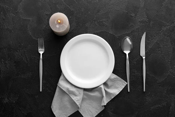 Simple Table Setting Candle Dark Background — Stock Photo, Image